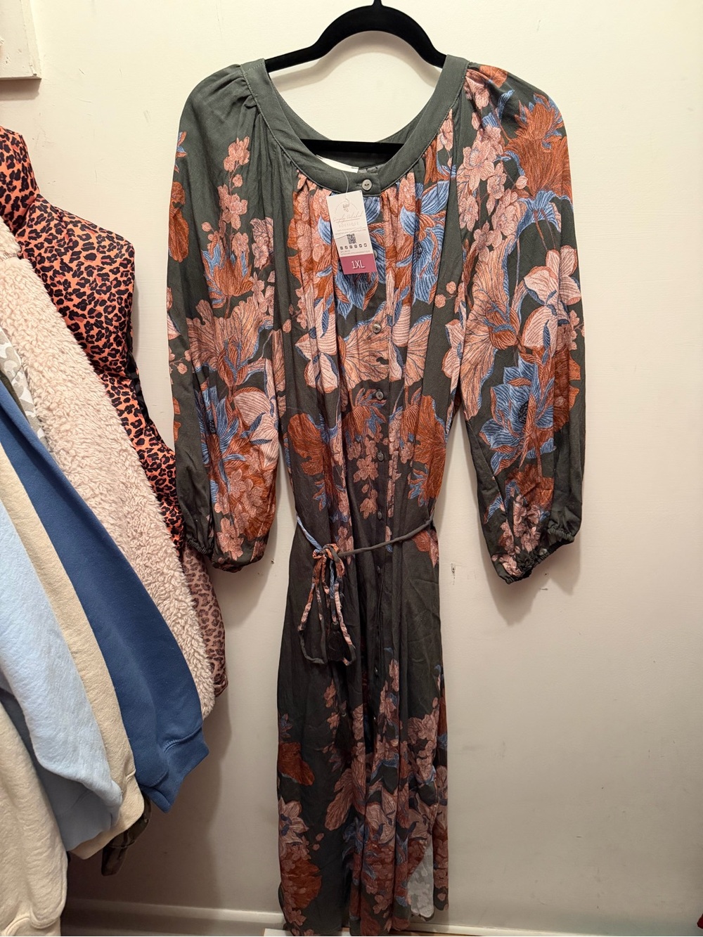 entro Olive Midi Dress with Rust & Blue Floral Print